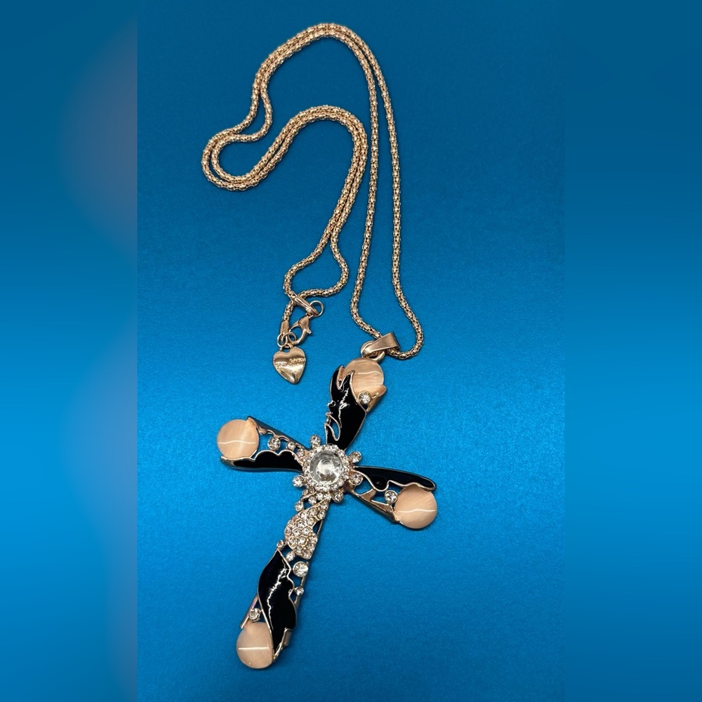 💎 Betsey Johnson Crystal & Black Enamel Cross Necklace w/ Pink Gems & Gold-Tone